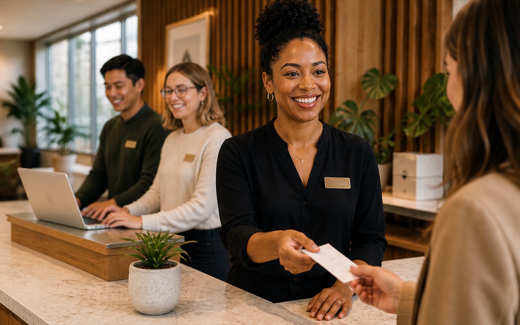 Reception team wearing name badges while helping a customer